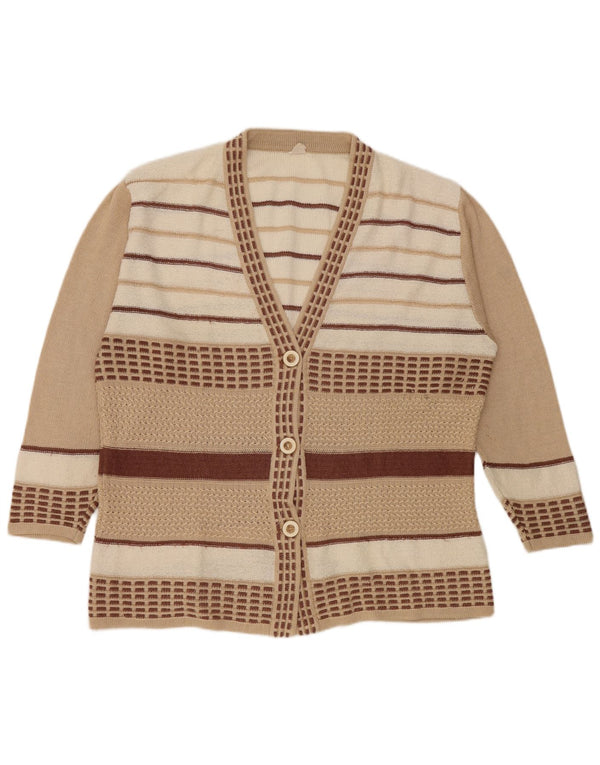 vintage Femme 3/4 Manches Cardigan Pull UK 18 XL Beige Rayé Viscose