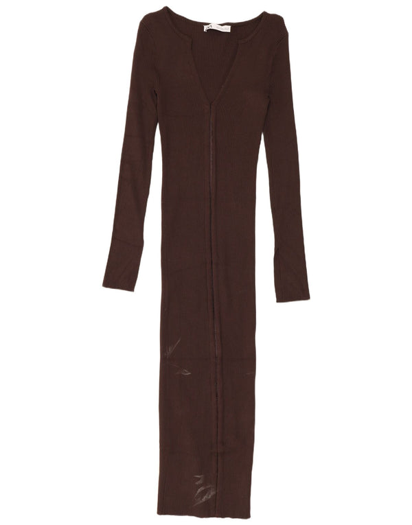 Zara Robe moulante à manches longues pour femme UK 8 Petite Viscose Marron