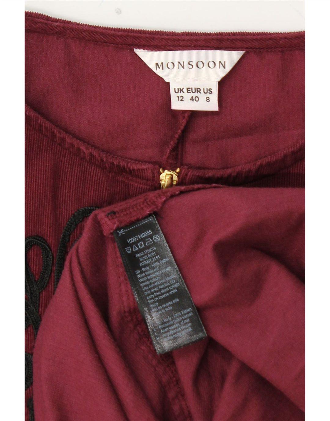 MONSOON Robe trapèze en velours côtelé à manches 3/4 pour femme UK 12 Bordeaux moyen
