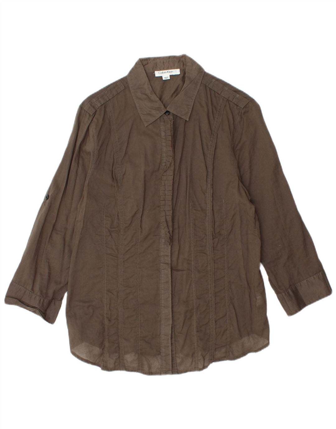 CALVIN KLEIN Chemise à manches 3/4 à volants sur le devant pour femme UK 14 Large Marron Coton