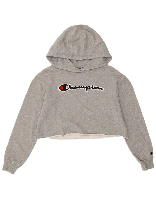Champion Womens Oversized Crop Graphic Hoodie Jumper UK 6 XS Grey Cotton