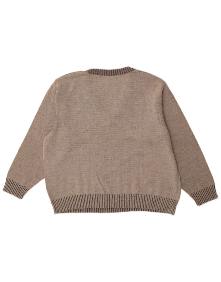 VINTAGE Mens V-Neck Jumper Sweater EU 54 Large Grey Geometric Wool