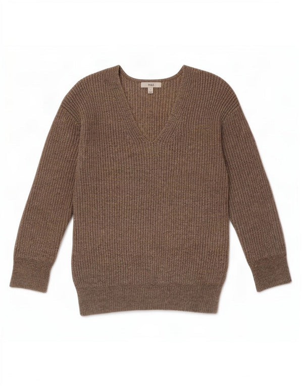 Marks & Spencer Pull col en V pour femme UK 10 Petit Marron Polyester