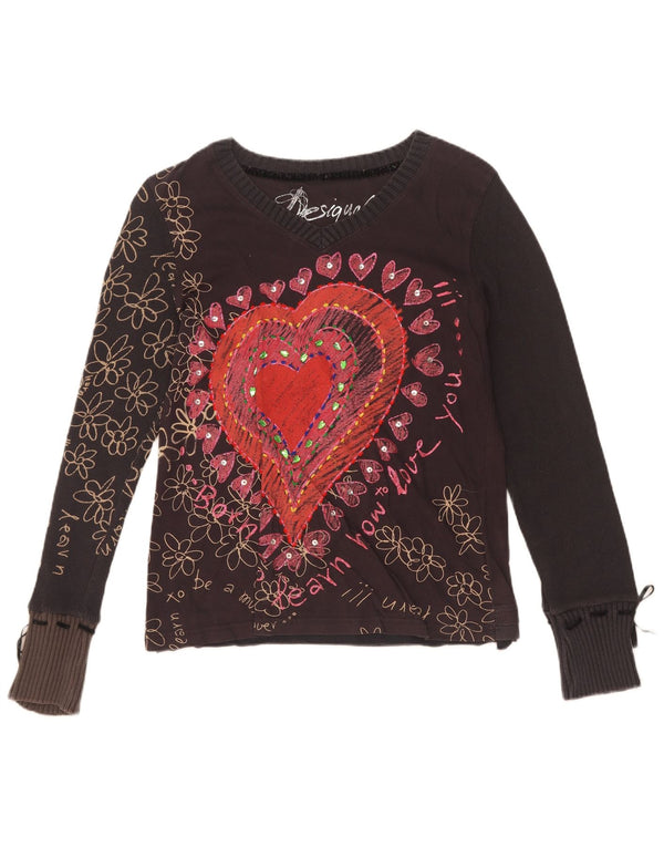 Desigual Femme Graphique Top Manches Longues UK 18 XL Noir Floral Coton Coeur