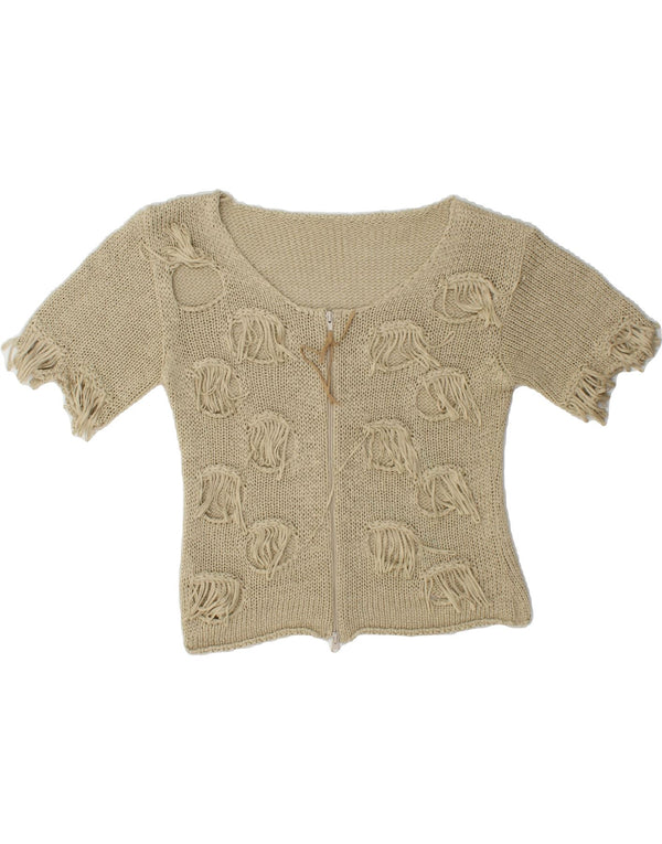 VINTAGE Femme Manches Courtes Cardigan Pull UK 10 Petit Coton Beige