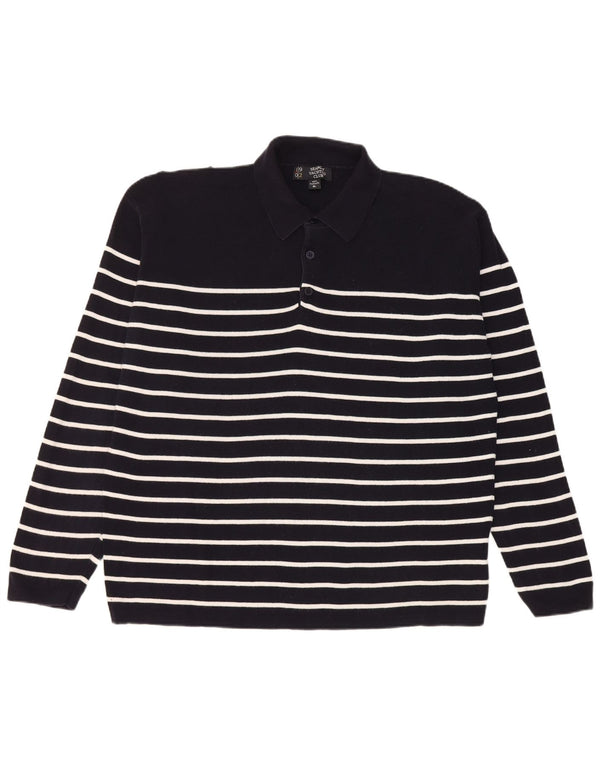 vintage Mens Polo Neck Jumper Pull XL Bleu Marine Rayé Coton