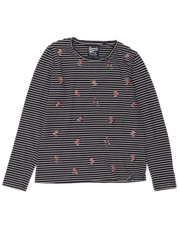 SUPERDRY Top Femme Manches Longues UK 10 Small Bleu Marine Rayé Coton