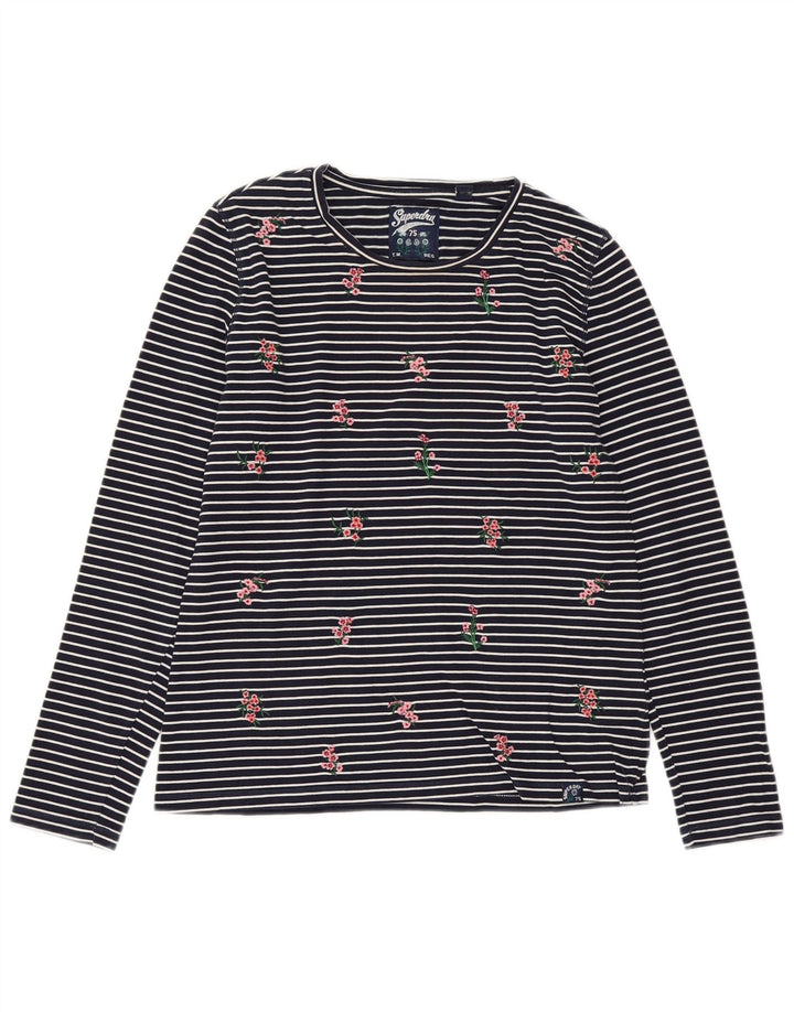 SUPERDRY Top Femme Manches Longues UK 10 Small Bleu Marine Rayé Coton