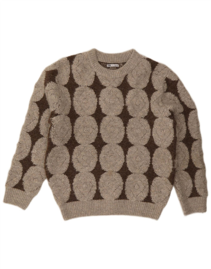Zara Pull ras du cou pour femme UK 16 Large Beige Géométrique Polyester