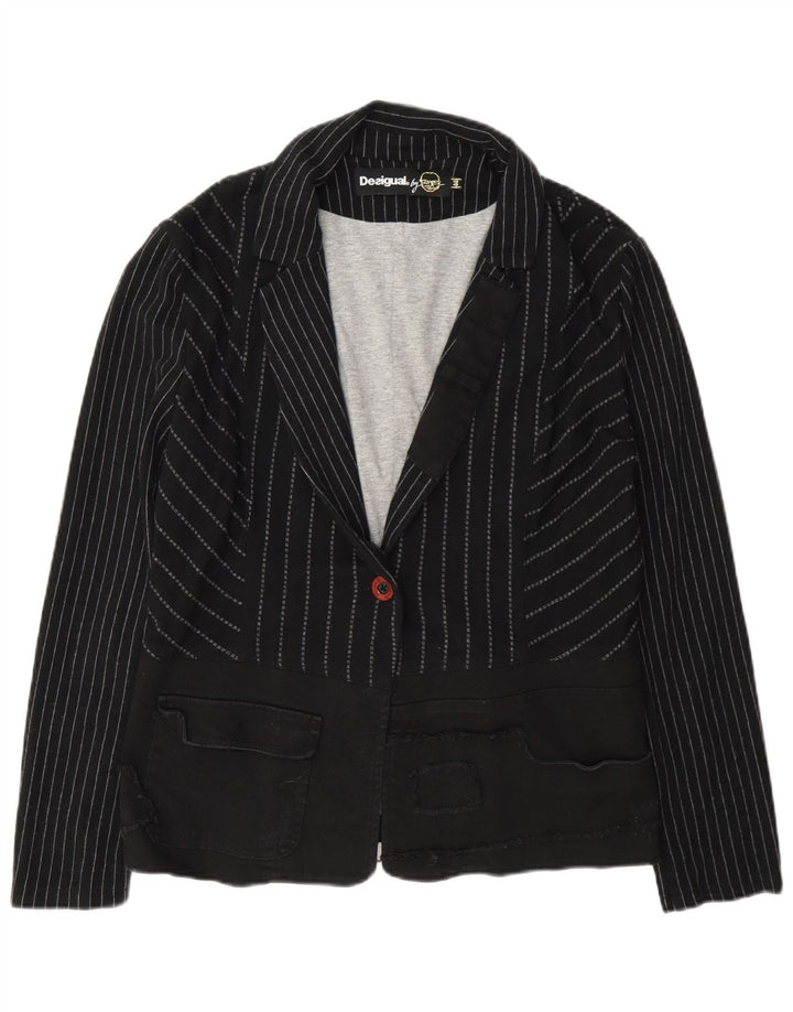 Desigual Veste Blazer 1 Bouton Femme EU 44 XL Gris Rayé Viscose