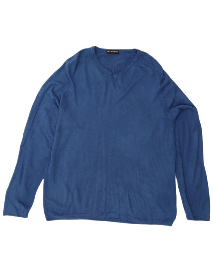 Marks & Spencer Pull autographe à col en V pour homme, grand, bleu, acrylique