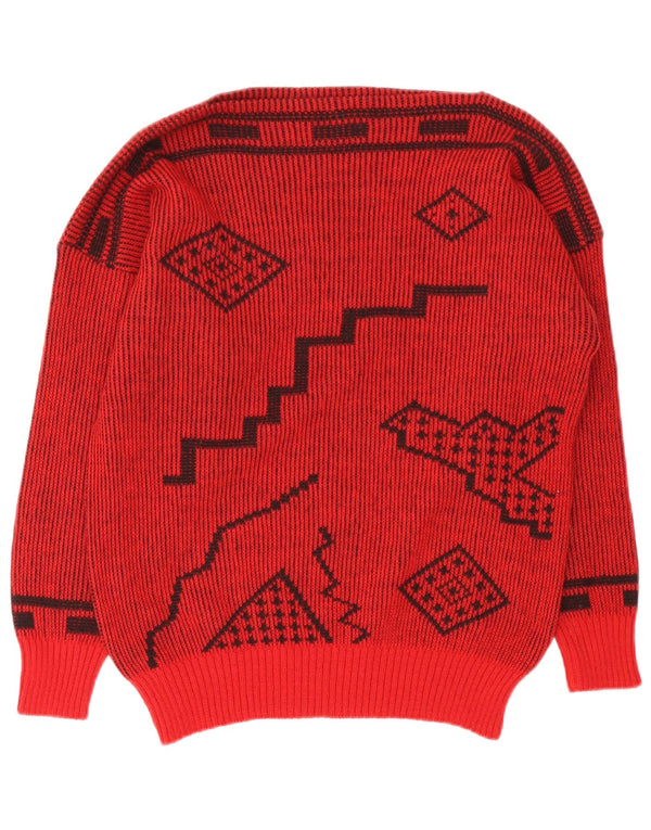 vintage Femme Col Bateau Pull Pull IT 44 Laine Géométrique Rouge Moyen