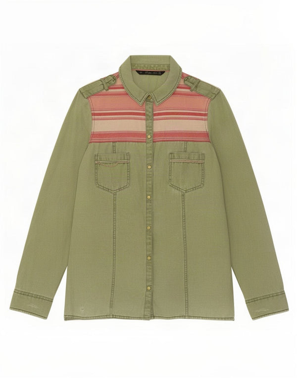 Zara Chemise Militaire Femme UK 12 Coton Rayé Vert Moyen