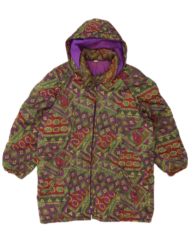 VINTAGE Veste rembourrée à capuche femme UK 18 XL Géométrique multicolore