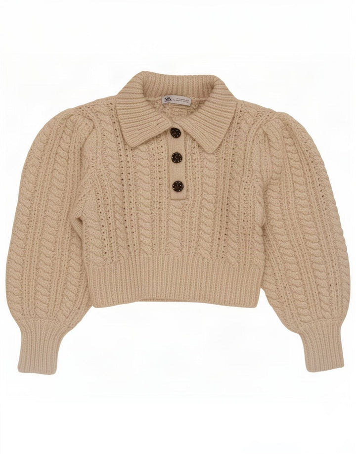 Zara Pull court à col polo pour femme UK 14 Polyester beige moyen