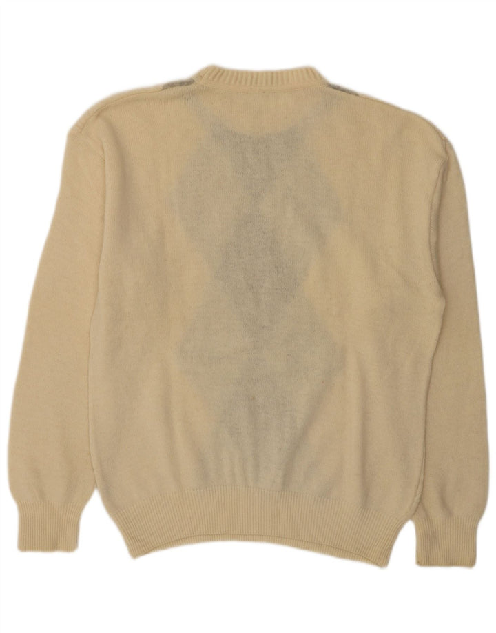 vintage Mens Crew Neck Jumper Pull IT 50 Moyen Off White Argyle/Diamond