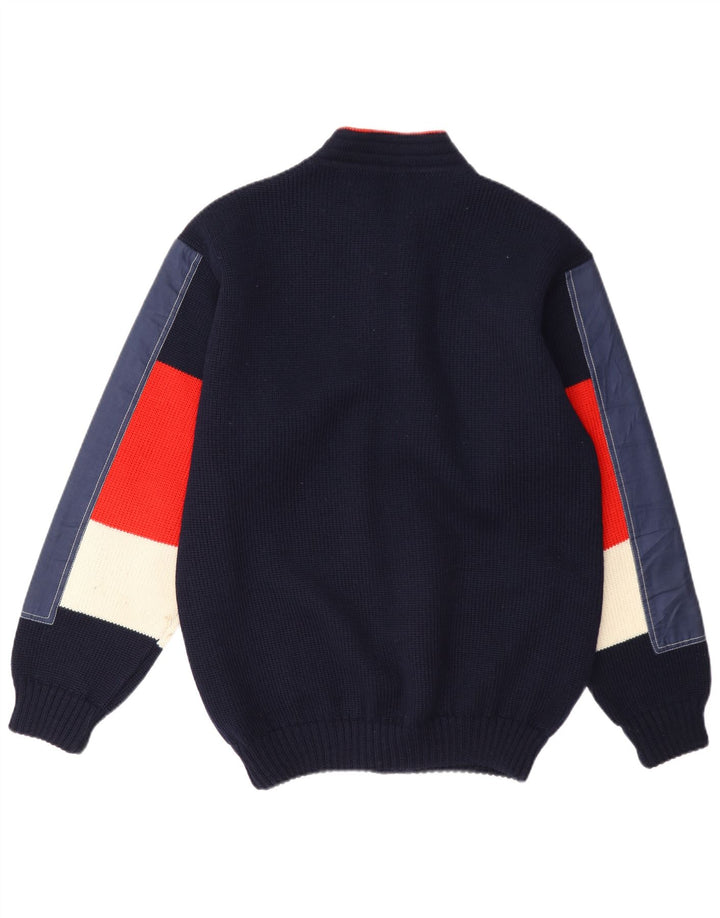 vintage Mens Cardigan Pull Moyen Bleu Marine Colorblock