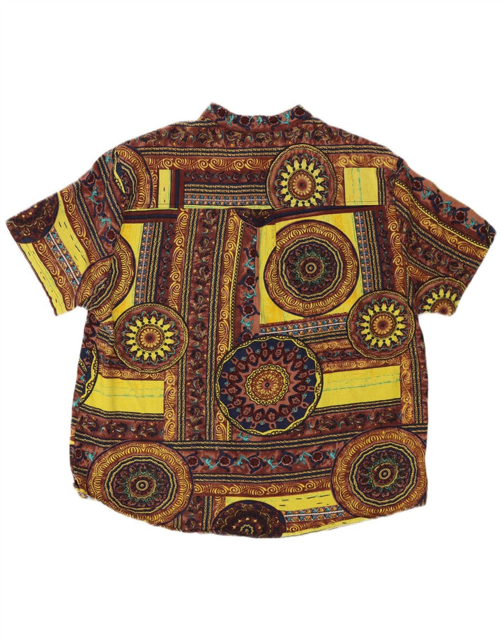 vintage Mens Manches Courtes Pull Chemise Moyen Jaune Géométrique Coton