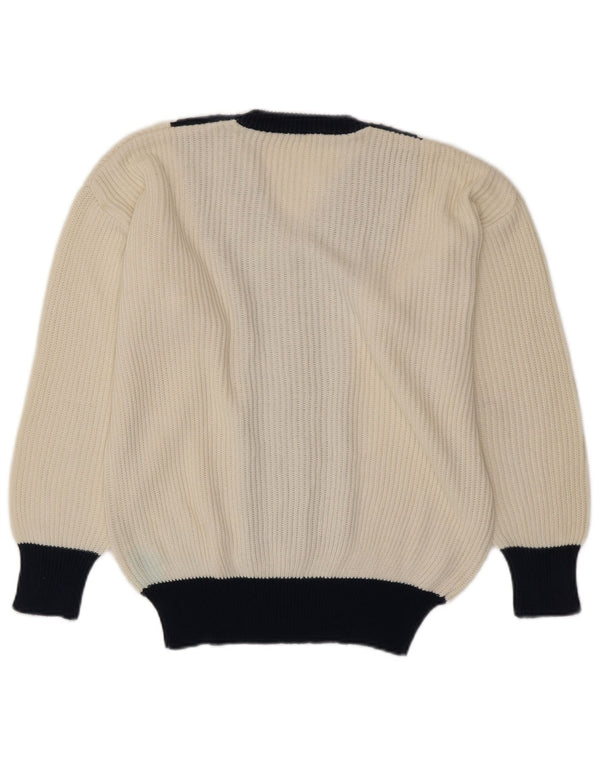 VINTAGE Pull col en V pour femme UK 16 Grand colorblock blanc