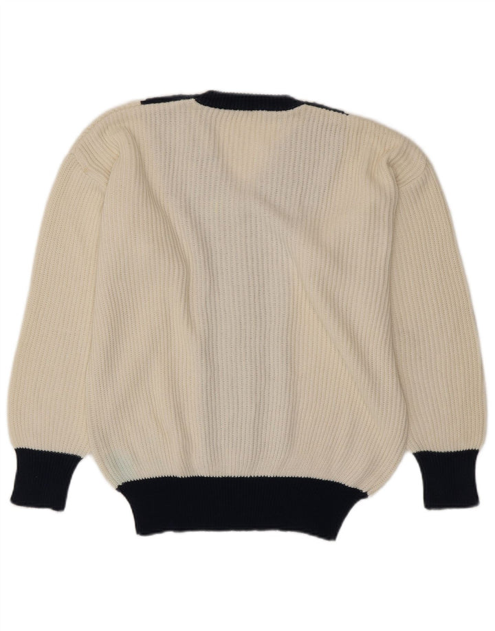 VINTAGE Pull col en V pour femme UK 16 Grand colorblock blanc