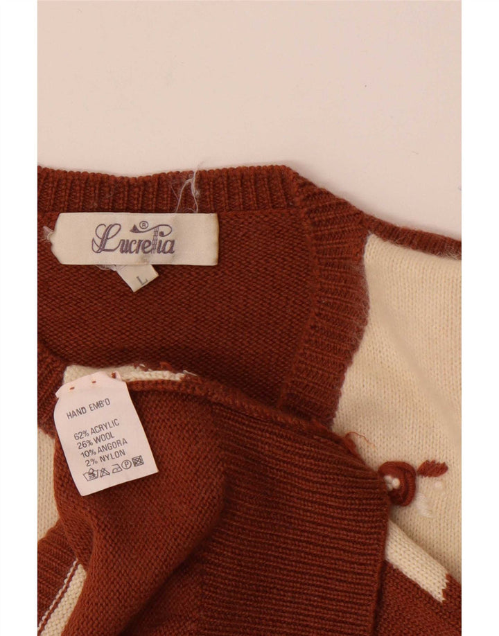 Vintage Womens Cardigan Sweater UK 14 Large Brown Patchwork Acrylique