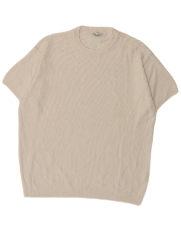 Zara Pull à manches courtes et col rond pour homme en coton blanc cassé