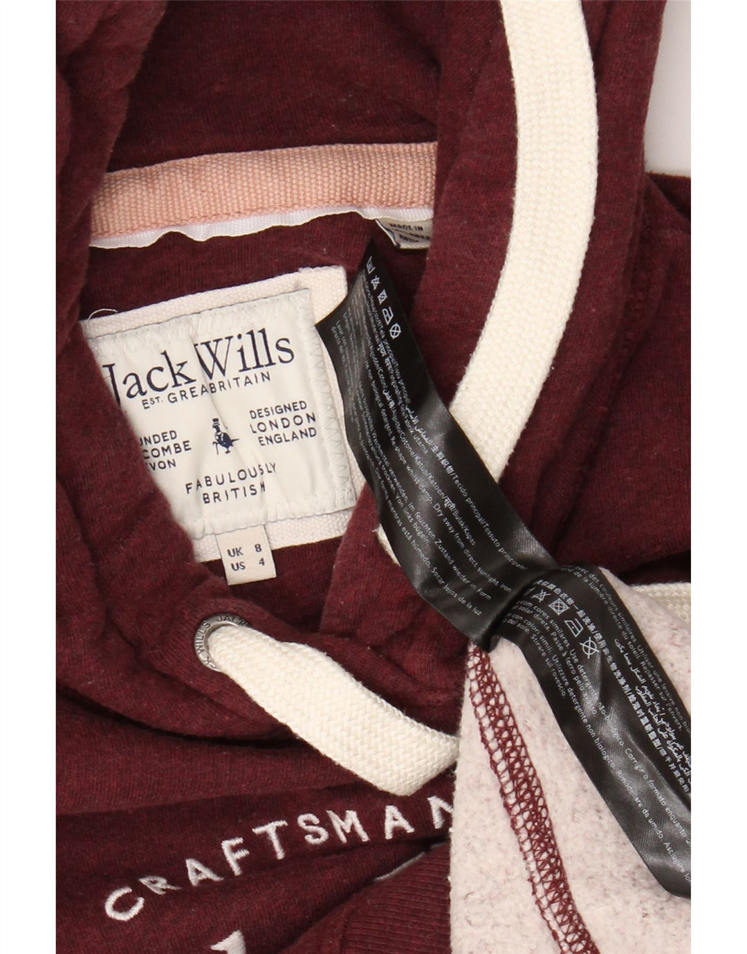 Jack Wills Pull à capuche graphique pour femme UK 8 Petit coton bordeaux