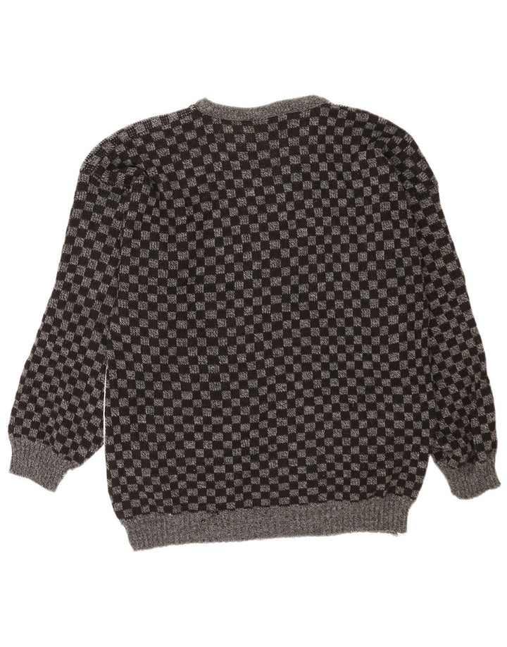 vintage Mens Boat Neck Jumper Pull Moyen Gris Géométrique Acrylique