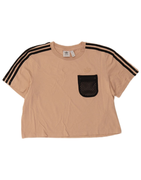 Adidas Womens Crop T-Shirt Top UK 10 Petit Beige Colorblock Coton