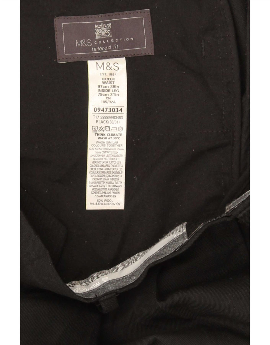 Marks & Spencer Pantalon de costume ajusté pour homme W38 L31 en laine noire
