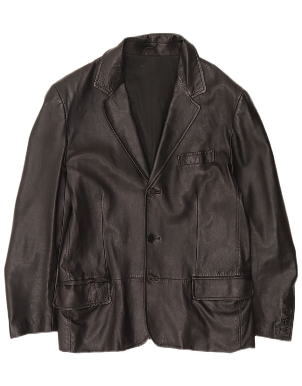 vintage Homme 3 Boutons Veste Blazer En Cuir IT 50 Grand Cuir Noir