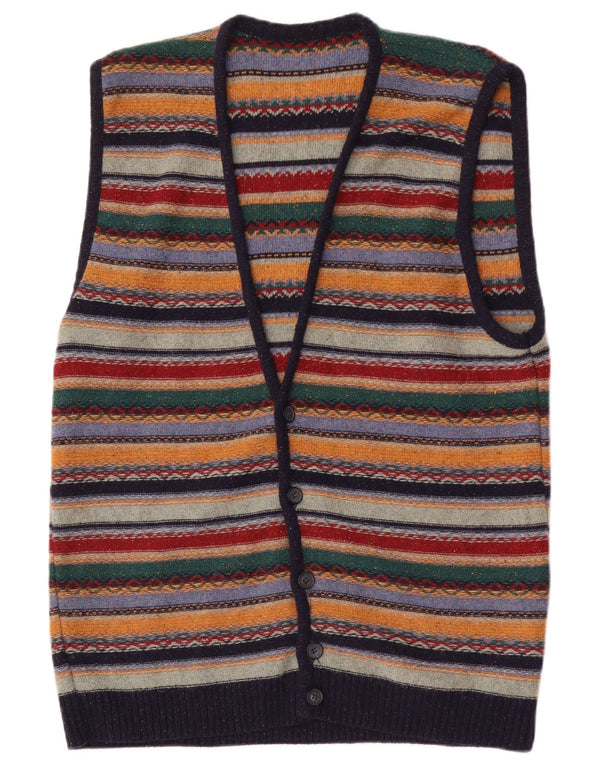 vintage Mens Cardigan sans manches Pull Moyen Multicolore Rayé Laine