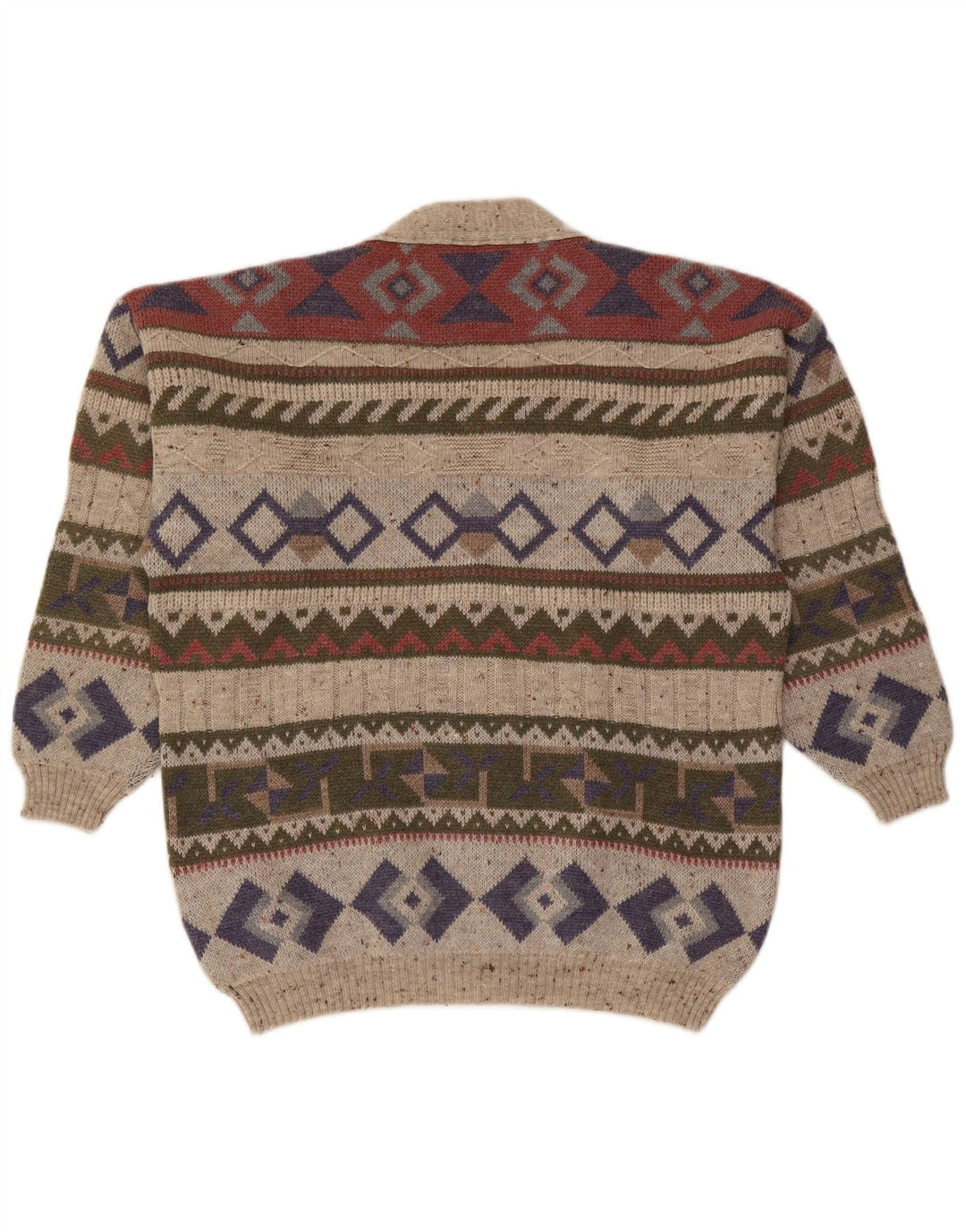 vintage Mens Cardigan Sweater Grande laine géométrique multicolore