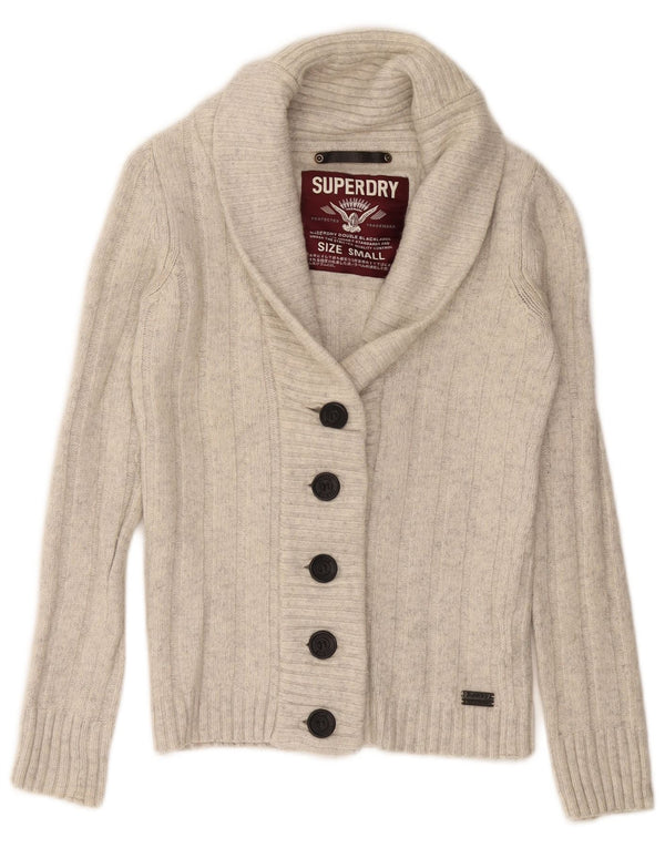 SUPERDRY Cardigan Femme Pull UK 10 Petit Blanc Cassé Laine