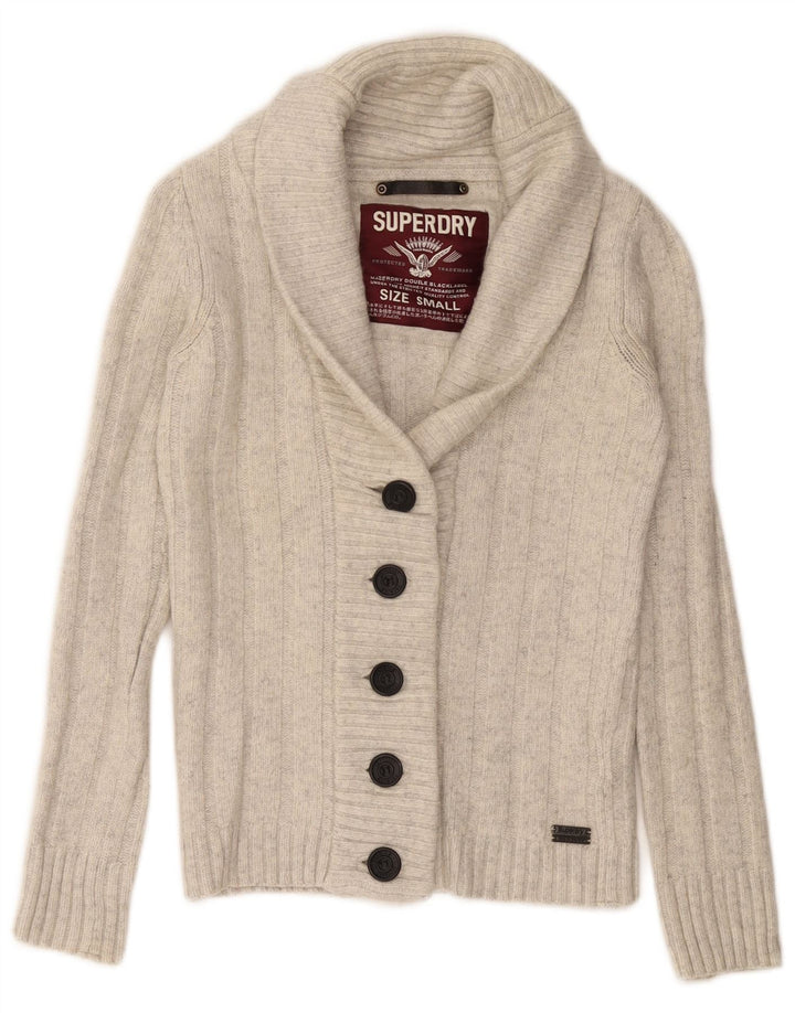 SUPERDRY Cardigan Femme Pull UK 10 Petit Blanc Cassé Laine