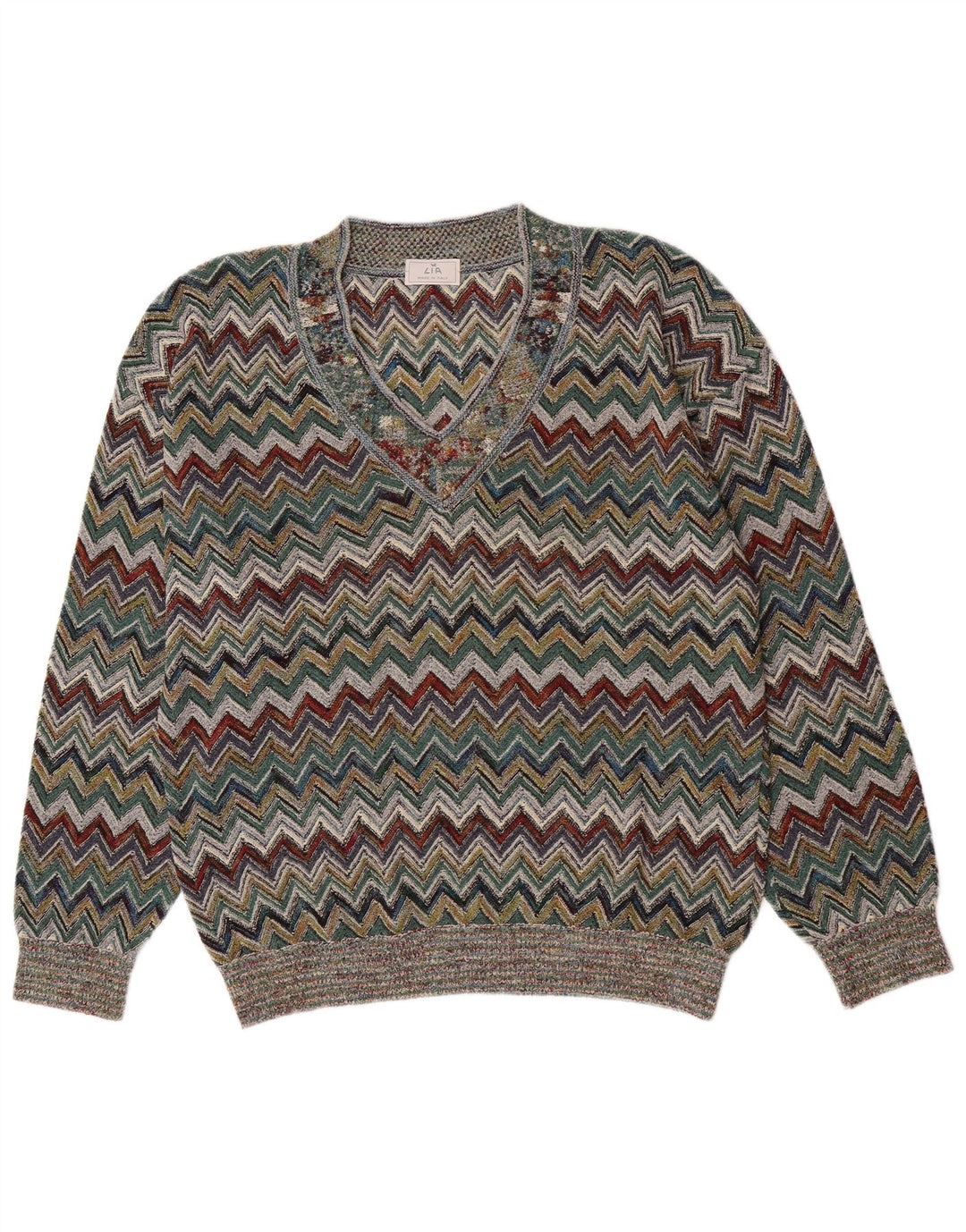 vintage Mens V-Col Jumper Pull Grand Chevron Multicolore Acrylique
