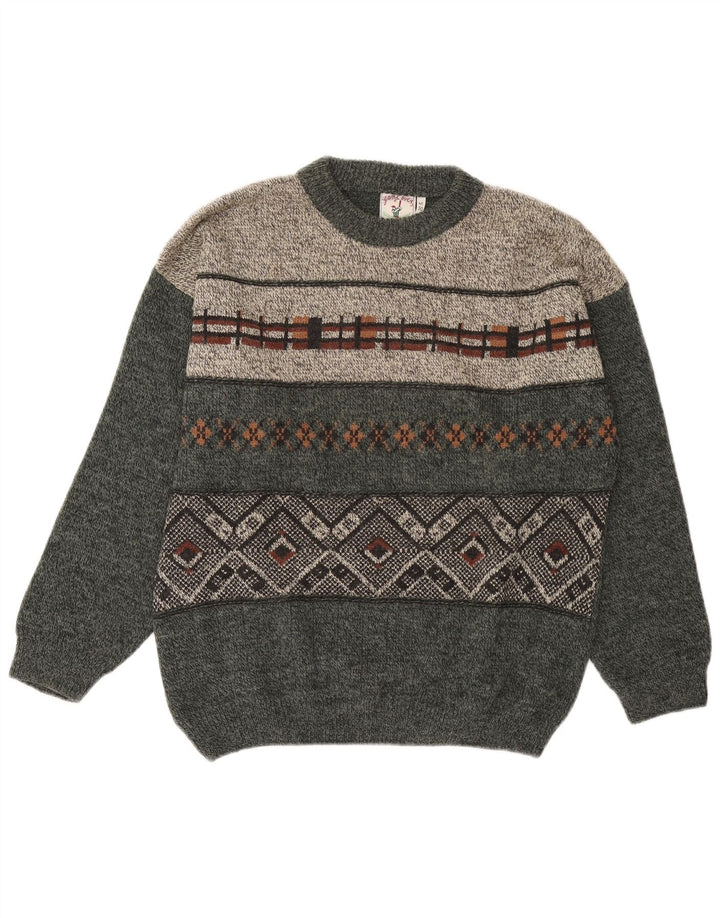 vintage Mens Crew Neck Jumper Sweater IT 50 Moyen Gris Géométrique