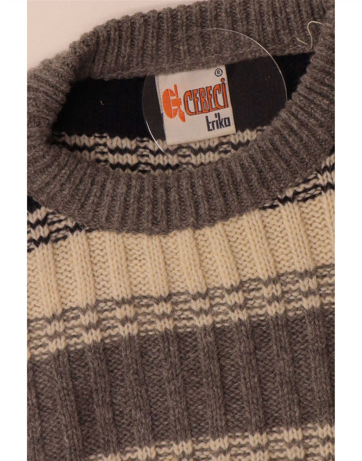 vintage Mens Crew Neck Jumper Pull Grand Gris Rayé