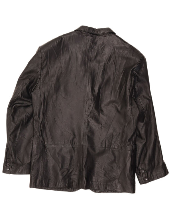 vintage Femme 3 Boutons Veste Blazer En Cuir IT 42 Moyen Noir