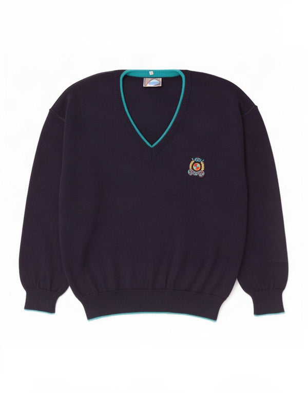 vintage Homme Col V Pull Pull IT 50 Laine Bleu Marine Moyenne