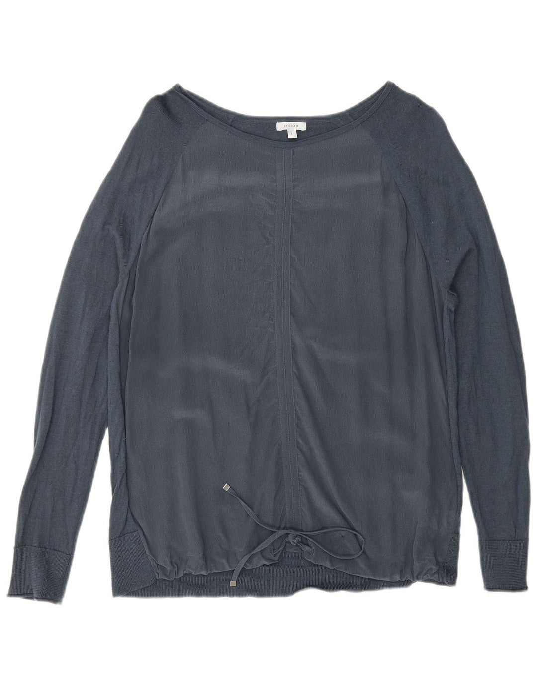 Jigsaw Womens Front Tie Top Manches Longues UK 16 Large Bleu Marine Soie