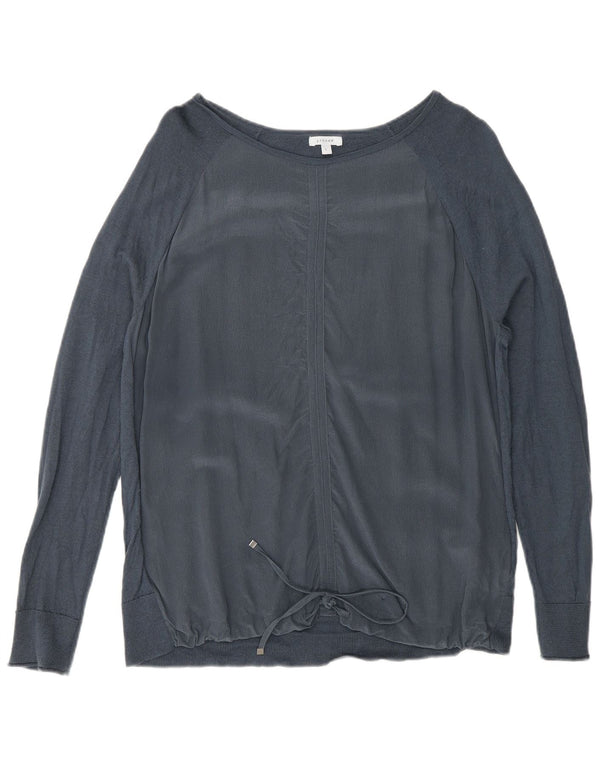 Jigsaw Womens Front Tie Top Manches Longues UK 16 Large Bleu Marine Soie