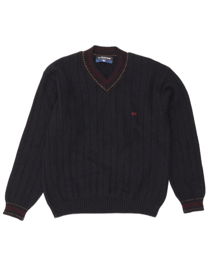 Il Granchio Pull Col V Homme Large Bleu Marine Laine