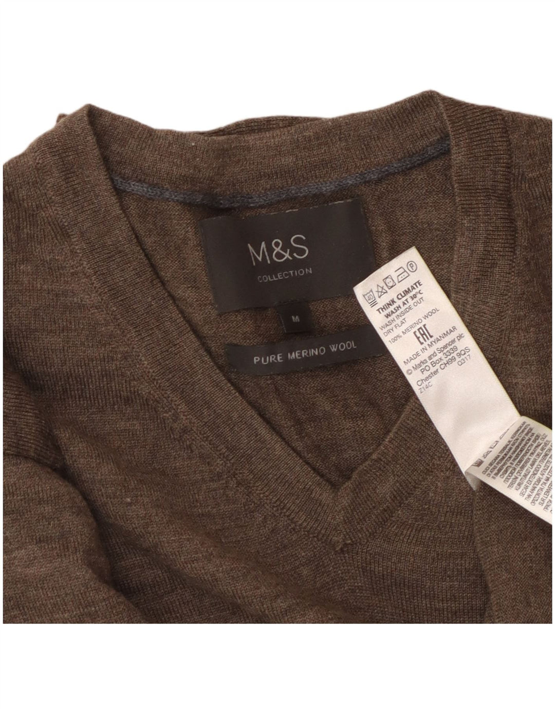 MARKS & SPENCER Pull col V Homme Laine Mérinos Marron Moyen