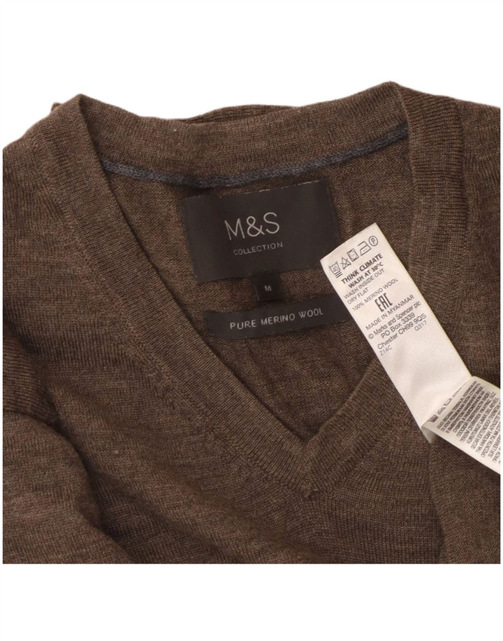 MARKS & SPENCER Pull col V Homme Laine Mérinos Marron Moyen