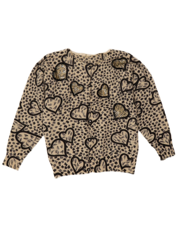 vintage Femme Cardigan Pull UK 10 Petit Beige Animal Print Lambswool