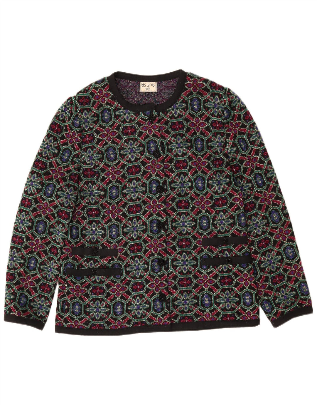 Les Lunis Femme Cardigan Pull IT 48 XL Laine Géométrique Multicolore