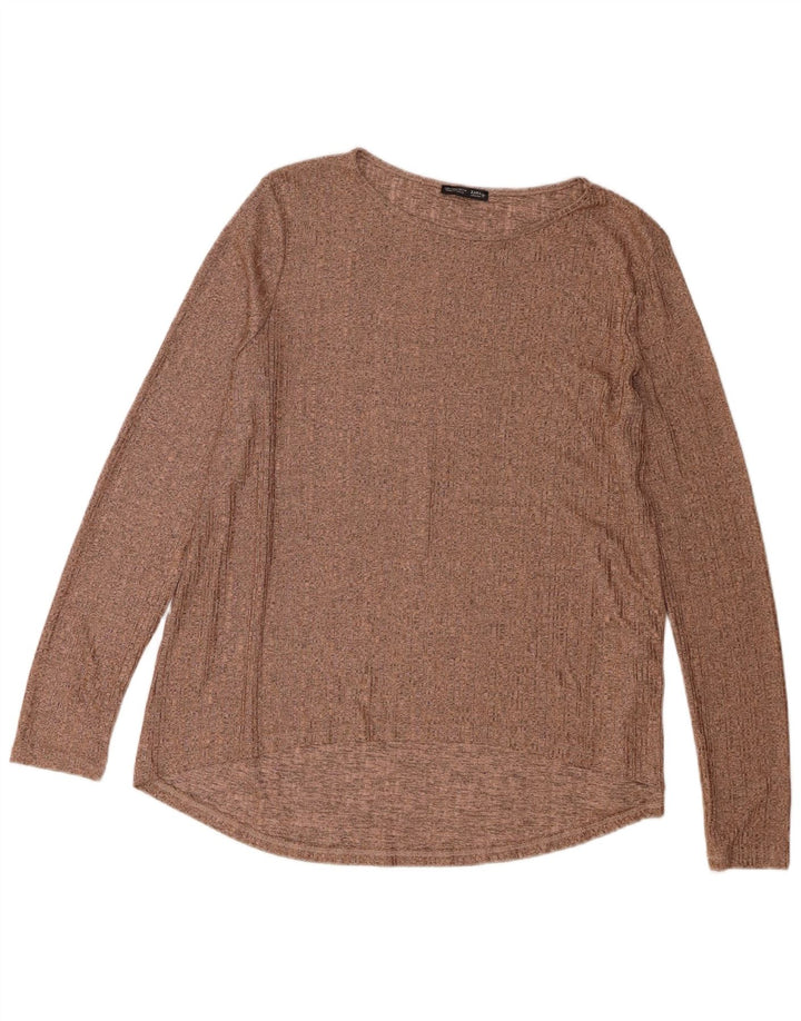 Zara Femme Top Manches Longues UK 16 Large Marron Polyester