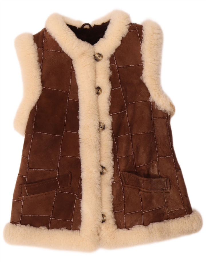 VINTAGE Gilet en peau de mouton femme EU 36 Petit cuir patchwork marron