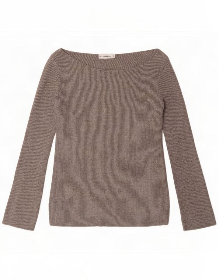 Zara Femme Top Manches Longues UK 12 Gris Moyen Viscose